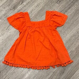 Jodifl Womens Orange Flutter Sleeve Pom Pom Tassel Hem Top Small Boho Peasant